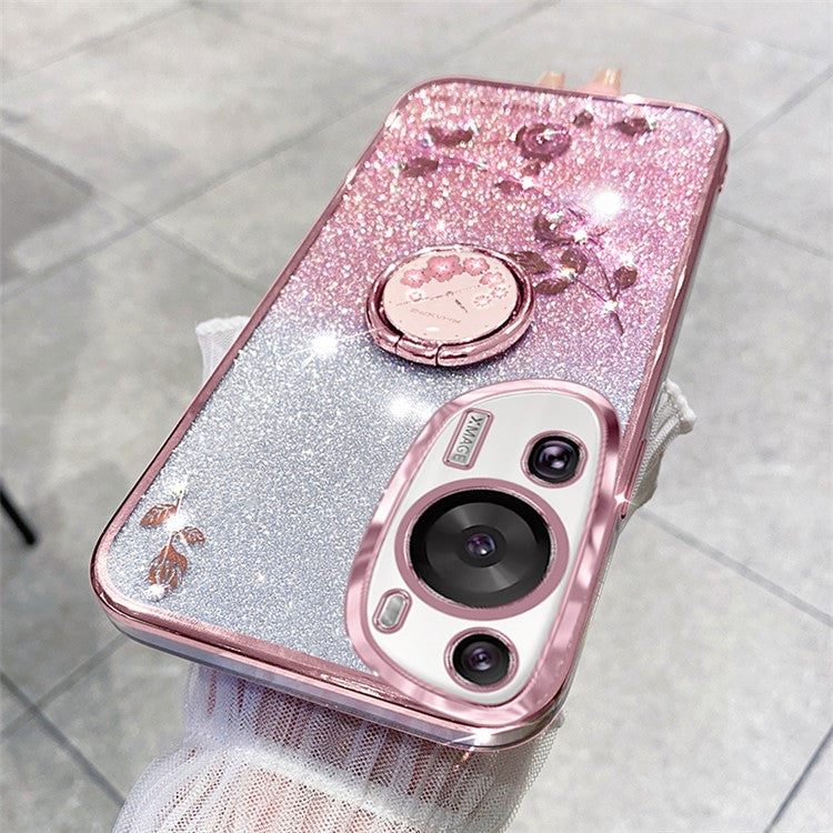 KADEM For Huawei P60 Art Rhinestone Flower TPU Cover Stylish Glitter Phone Case with Ring Kickstand - Rose Gold