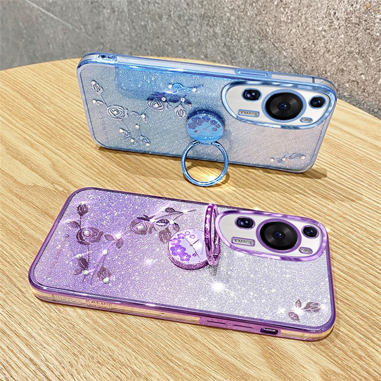 KADEM For Huawei P60 Art Rhinestone Flower TPU Cover Stylish Glitter Phone Case with Ring Kickstand - Rose Gold