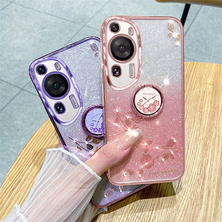 KADEM For Huawei P60 Art Rhinestone Flower TPU Cover Stylish Glitter Phone Case with Ring Kickstand - Rose Gold