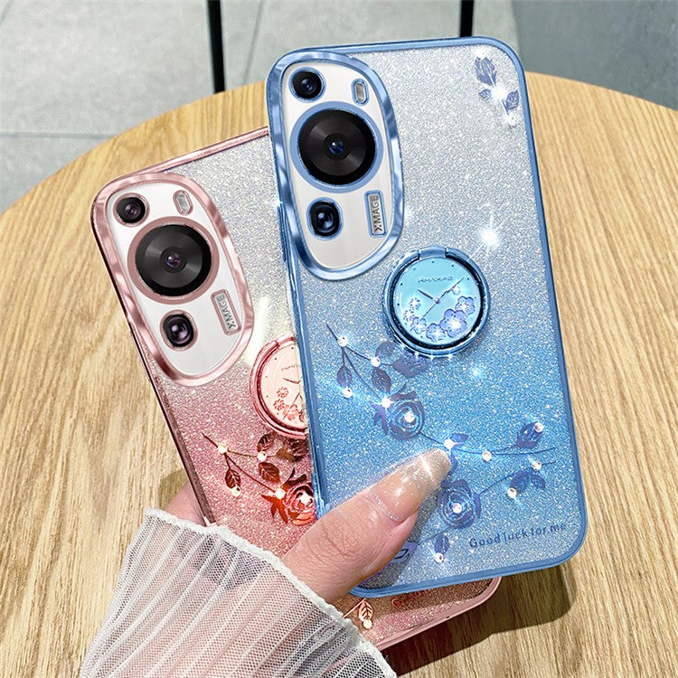 KADEM For Huawei P60 Art Rhinestone Flower TPU Cover Stylish Glitter Phone Case with Ring Kickstand - Rose Gold