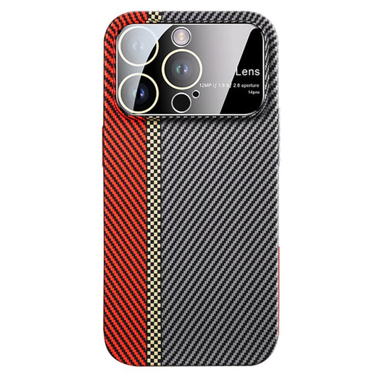 VOERO For iPhone 14 Pro Shockproof Case Carbon Fiber Texture PC Phone Cover with Glass Lens Film - Red / Green / Black