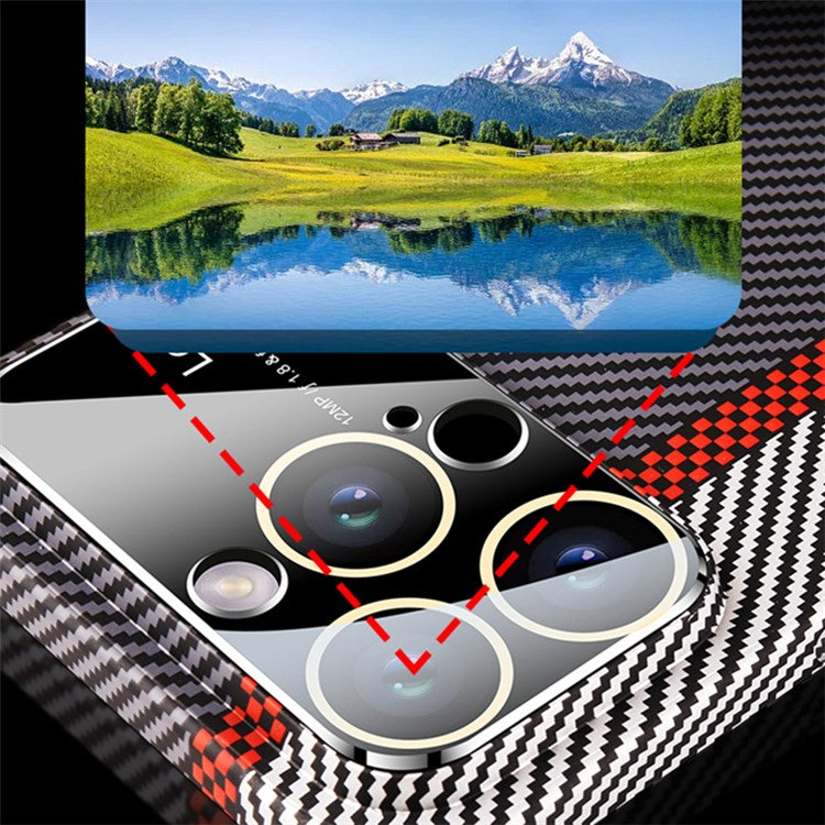 VOERO For iPhone 14 Pro Shockproof Case Carbon Fiber Texture PC Phone Cover with Glass Lens Film - Red / Green / Black