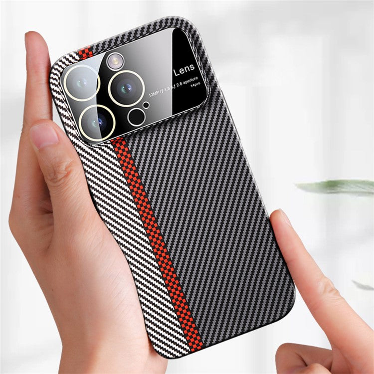 VOERO For iPhone 14 Pro Shockproof Case Carbon Fiber Texture PC Phone Cover with Glass Lens Film - Red / Green / Black