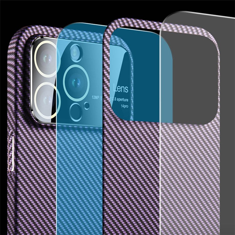 VOERO For iPhone 14 Pro Shockproof Case Carbon Fiber Texture PC Phone Cover with Glass Lens Film - Red / Green / Black