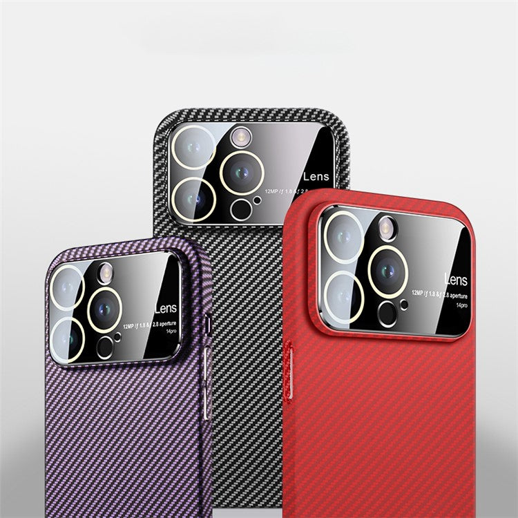 VOERO For iPhone 14 Pro Shockproof Case Carbon Fiber Texture PC Phone Cover with Glass Lens Film - Red / Green / Black