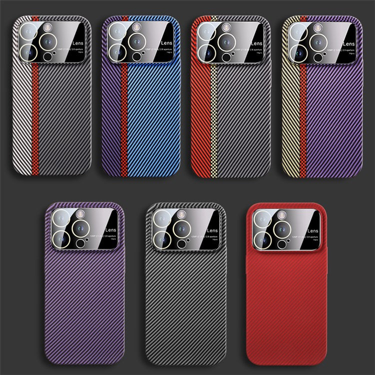 VOERO For iPhone 14 Pro Shockproof Case Carbon Fiber Texture PC Phone Cover with Glass Lens Film - Red / Green / Black