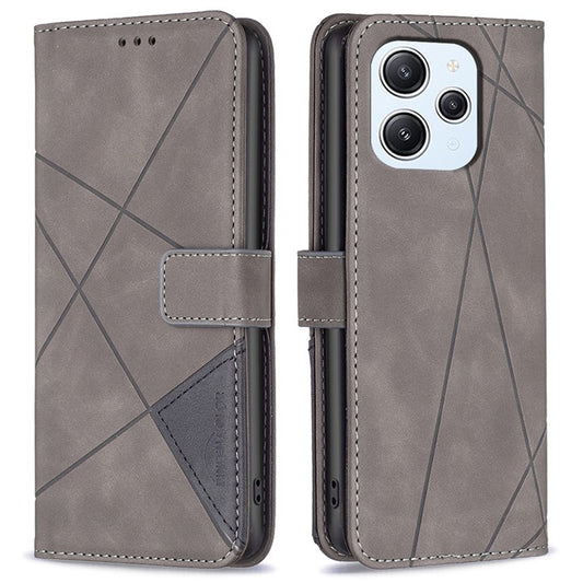 BINFEN COLOR For Xiaomi Redmi 12 4G Phone Cases Wallet Stand Geometry Imprinted Leather Cover - Grey