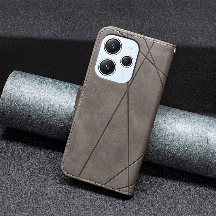 BINFEN COLOR For Xiaomi Redmi 12 4G Phone Cases Wallet Stand Geometry Imprinted Leather Cover - Grey
