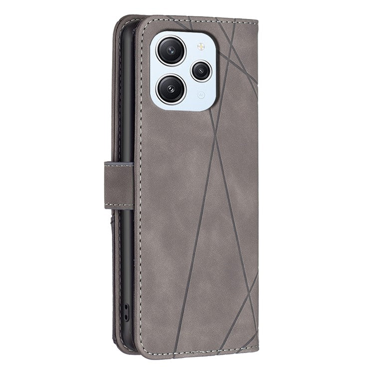 BINFEN COLOR For Xiaomi Redmi 12 4G Phone Cases Wallet Stand Geometry Imprinted Leather Cover - Grey