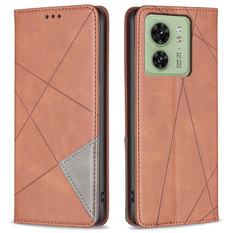 Card Holder Shell for Motorola Edge 40 5G Cell Phone Case Imprinted Line Stand Leather Phone Cover - Brown