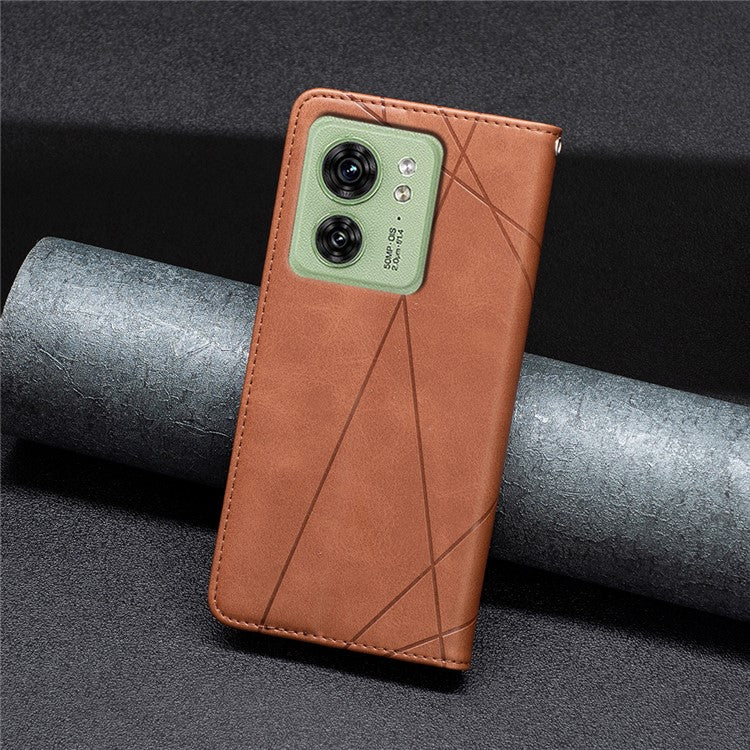 Card Holder Shell for Motorola Edge 40 5G Cell Phone Case Imprinted Line Stand Leather Phone Cover - Brown