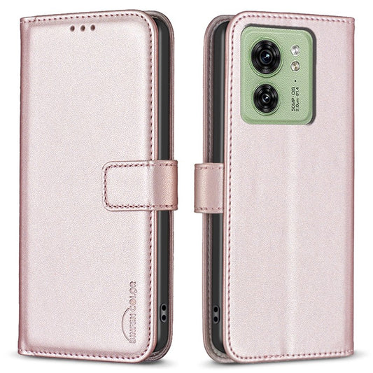 BINFEN COLOR BF17 For Motorola Edge 40 5G Phone Cover Stand Design TPU+PU Leather Wallet Case - Rose Gold