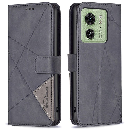 BINFEN COLOR For Motorola Edge 40 5G Phone Cases Wallet Stand Geometry Imprinted Leather Cover - Black