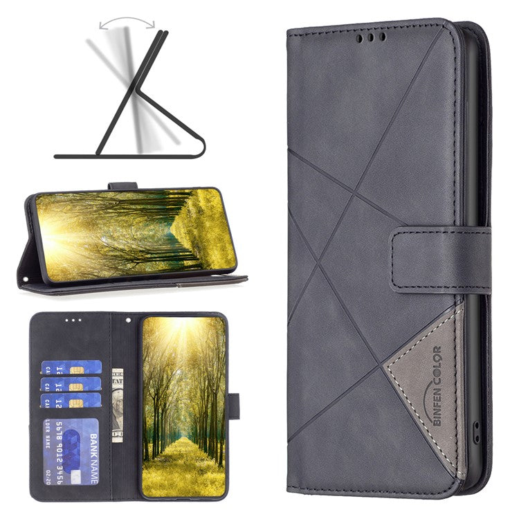 BINFEN COLOR For Motorola Edge 40 5G Phone Cases Wallet Stand Geometry Imprinted Leather Cover - Black