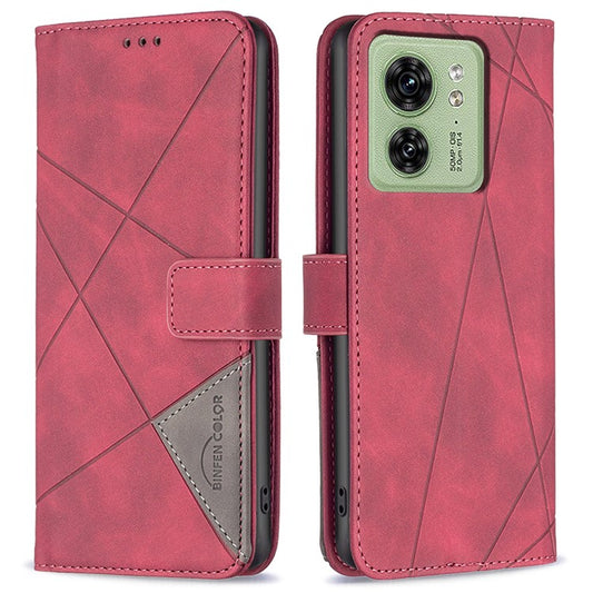 BINFEN COLOR For Motorola Edge 40 5G Phone Cases Wallet Stand Geometry Imprinted Leather Cover - Red