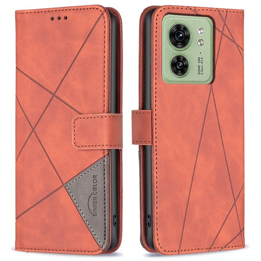 BINFEN COLOR For Motorola Edge 40 5G Phone Cases Wallet Stand Geometry Imprinted Leather Cover - Brown