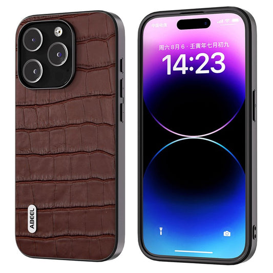ABEEL For iPhone 14 Pro Max Phone Case Cowhide Leather + TPU + PC Crocodile Texture Cover - Brown