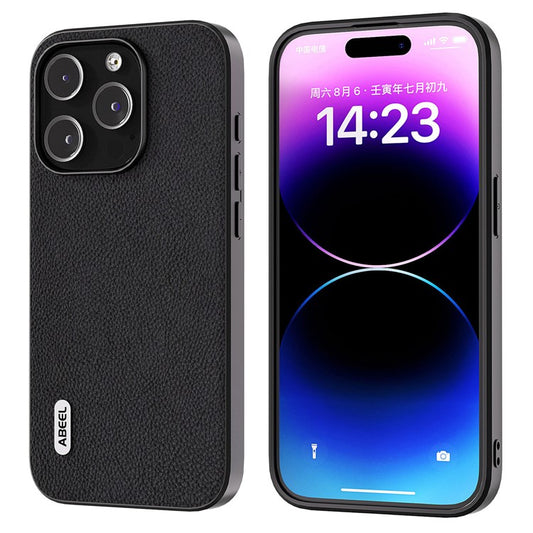 ABEEL For iPhone 14 Pro Cowhide Leather Coated PC+TPU Case Litchi Texture Protective Phone Cover - Black