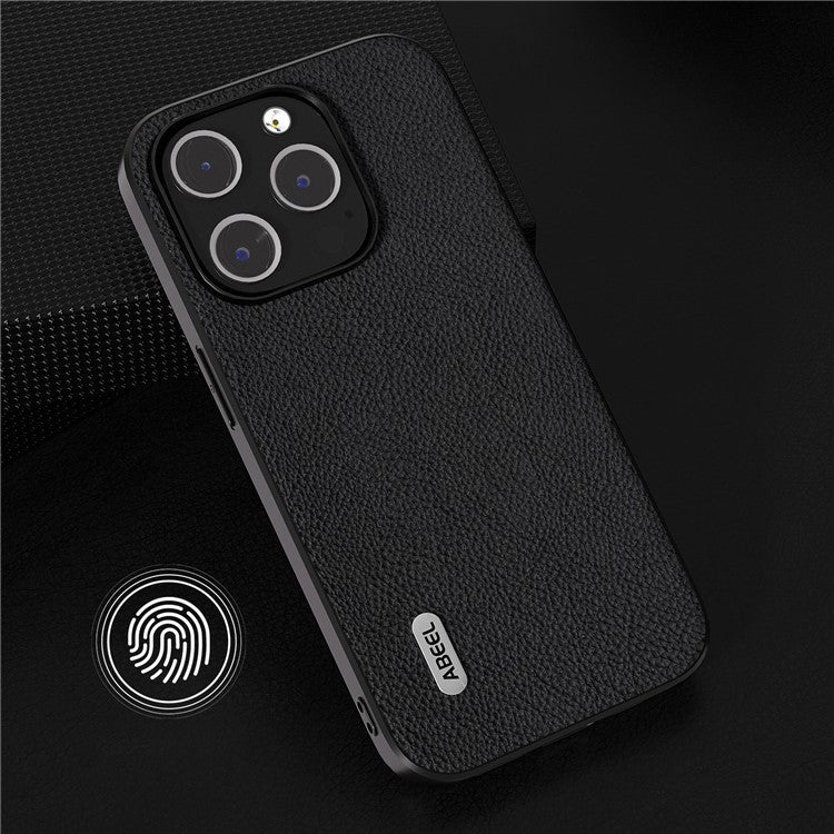 ABEEL For iPhone 14 Pro Cowhide Leather Coated PC+TPU Case Litchi Texture Protective Phone Cover - Black