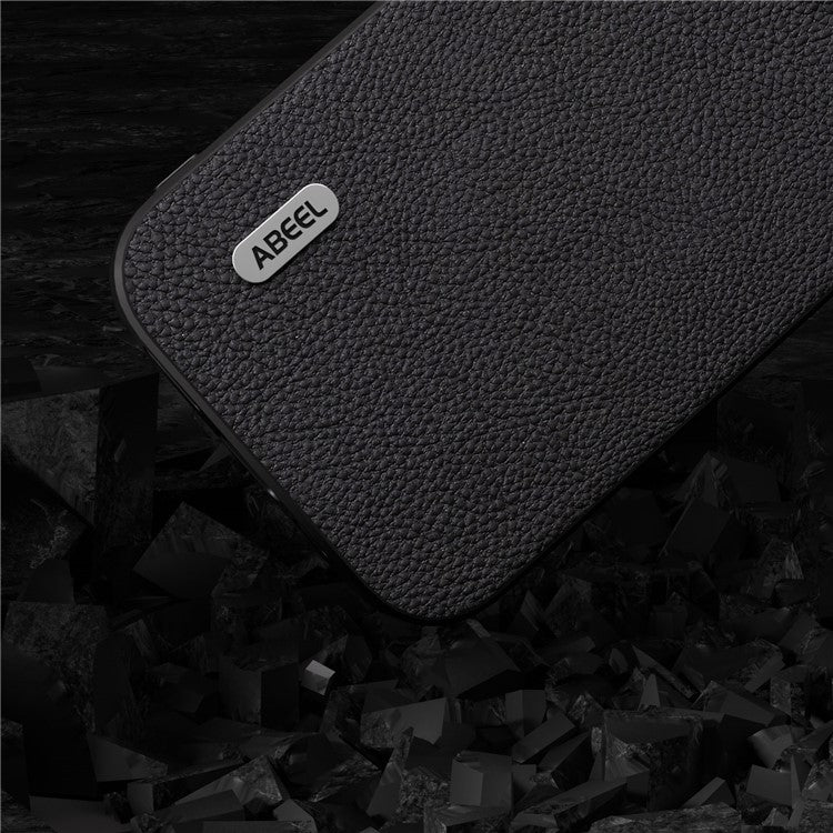 ABEEL For iPhone 14 Pro Cowhide Leather Coated PC+TPU Case Litchi Texture Protective Phone Cover - Black