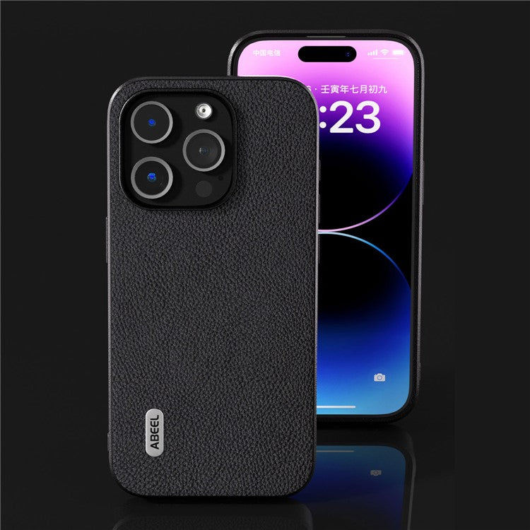 ABEEL For iPhone 14 Pro Cowhide Leather Coated PC+TPU Case Litchi Texture Protective Phone Cover - Black