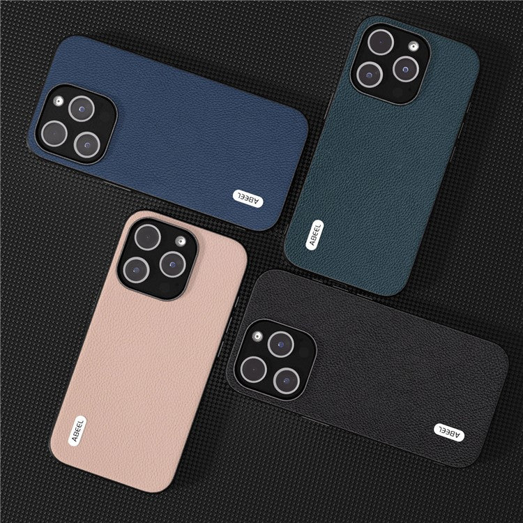 ABEEL For iPhone 14 Pro Cowhide Leather Coated PC+TPU Case Litchi Texture Protective Phone Cover - Black