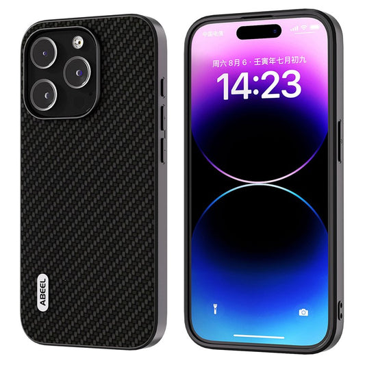 ABEEL For iPhone 14 Pro PU Leather Coated PC+TPU Phone Case Carbon Fiber Texture Shockproof Cover - Black