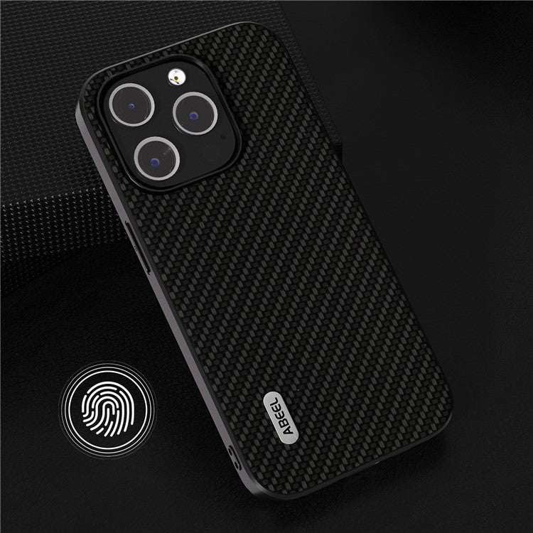 ABEEL For iPhone 14 Pro PU Leather Coated PC+TPU Phone Case Carbon Fiber Texture Shockproof Cover - Black