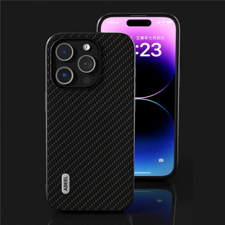 ABEEL For iPhone 14 Pro PU Leather Coated PC+TPU Phone Case Carbon Fiber Texture Shockproof Cover - Black