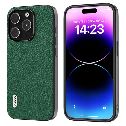 ABEEL For iPhone 14 Pro Back Phone Case Cowhide Leather + PC + TPU Litchi Texture Protective Cover - Green