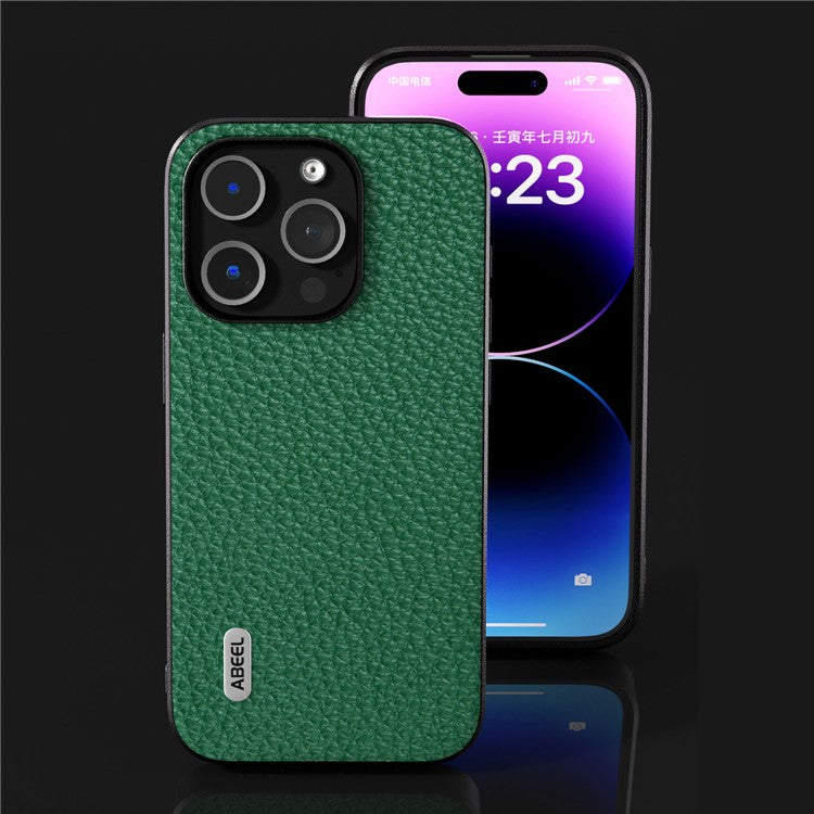 ABEEL For iPhone 14 Pro Back Phone Case Cowhide Leather + PC + TPU Litchi Texture Protective Cover - Green