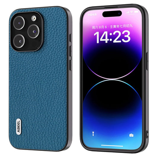 ABEEL For iPhone 14 Pro Max Cowhide Leather Coated PC+TPU Phone Case Litchi Texture Hybrid Cover - Blue