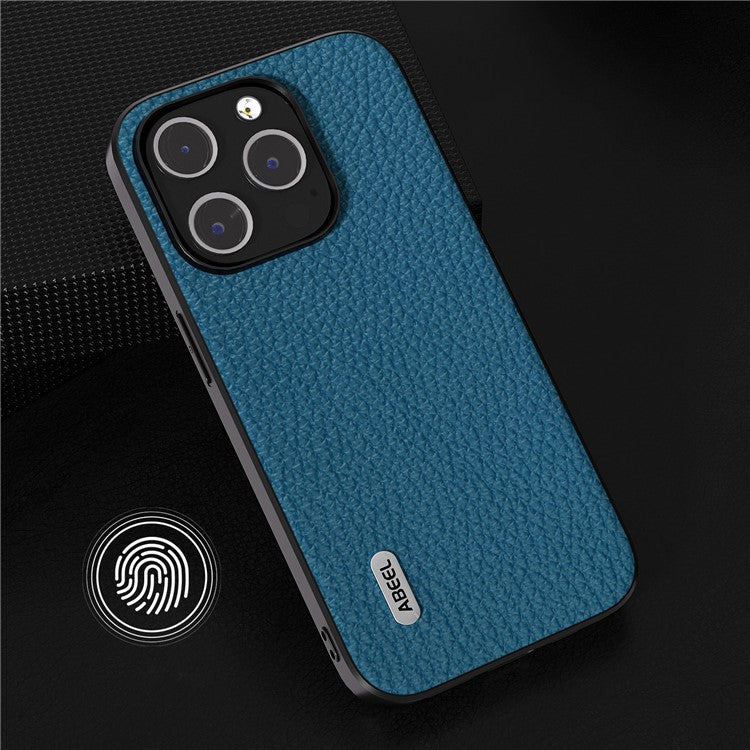ABEEL For iPhone 14 Pro Max Cowhide Leather Coated PC+TPU Phone Case Litchi Texture Hybrid Cover - Blue