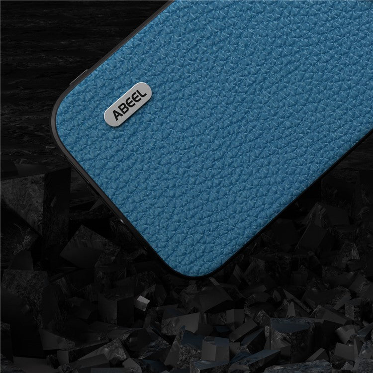 ABEEL For iPhone 14 Pro Max Cowhide Leather Coated PC+TPU Phone Case Litchi Texture Hybrid Cover - Blue