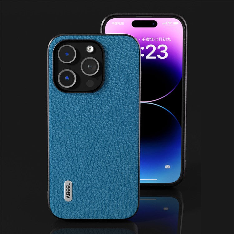 ABEEL For iPhone 14 Pro Max Cowhide Leather Coated PC+TPU Phone Case Litchi Texture Hybrid Cover - Blue