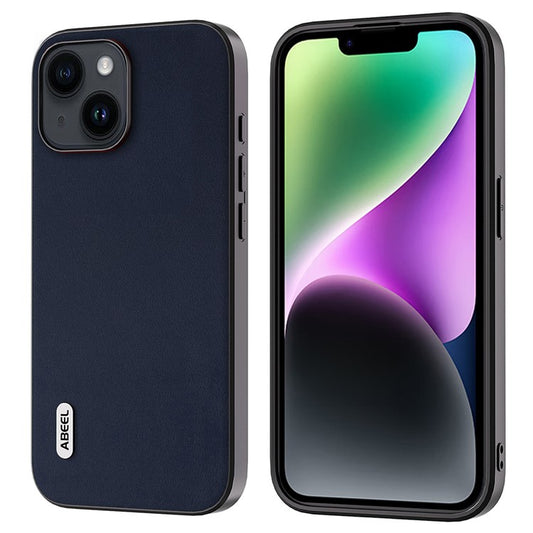 ABEEL For iPhone 14 Plus Nappa Texture Phone Case Genuine Cow Leather Coated PC+TPU Cover - Blue