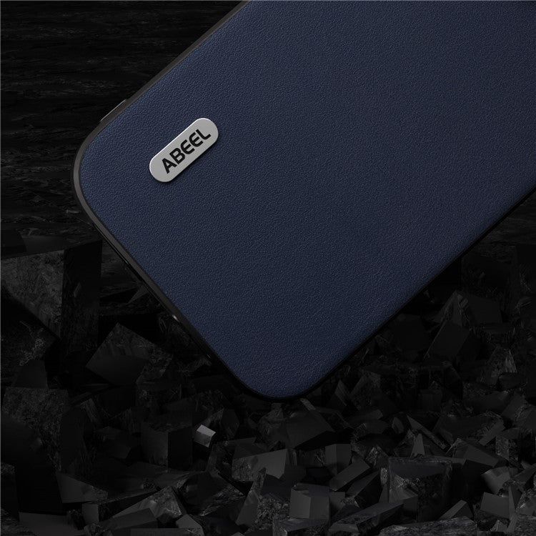 ABEEL For iPhone 14 Plus Nappa Texture Phone Case Genuine Cow Leather Coated PC+TPU Cover - Blue