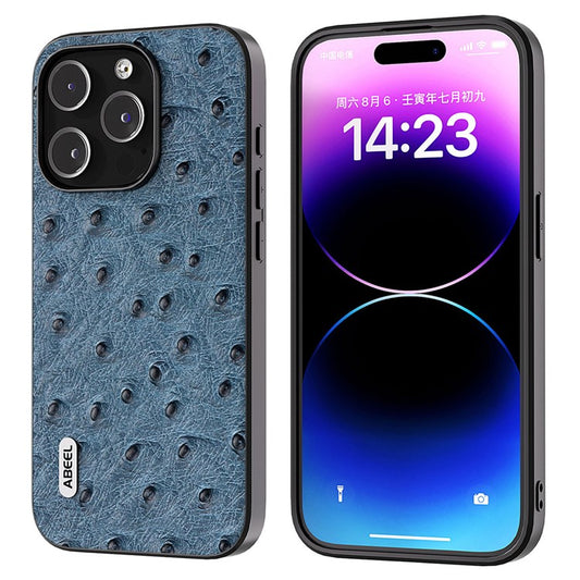 ABEEL Ostrich Texture Cover for iPhone 14 Pro Genuine Cow Leather Coated PC+TPU Phone Case - Blue