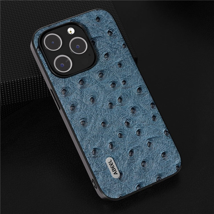 ABEEL Ostrich Texture Cover for iPhone 14 Pro Genuine Cow Leather Coated PC+TPU Phone Case - Blue
