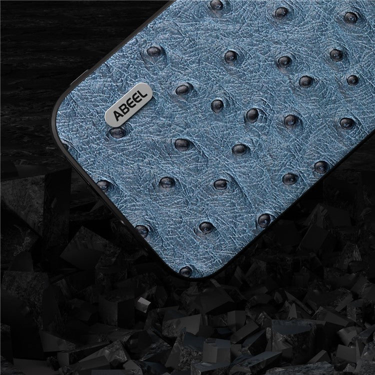 ABEEL Ostrich Texture Cover for iPhone 14 Pro Genuine Cow Leather Coated PC+TPU Phone Case - Blue