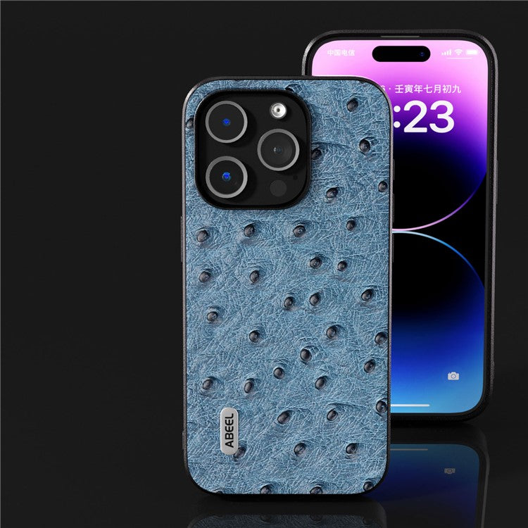 ABEEL Ostrich Texture Cover for iPhone 14 Pro Genuine Cow Leather Coated PC+TPU Phone Case - Blue