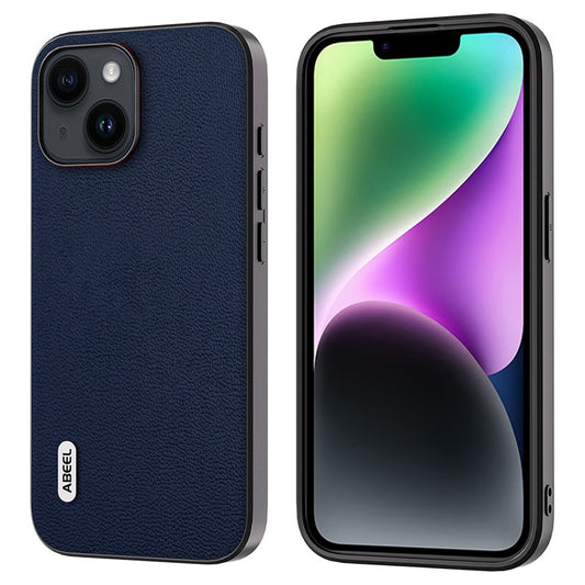 ABEEL For iPhone 14 Genuine Cow Leather+PC+TPU Cover Litchi Texture Shockproof Case - Blue