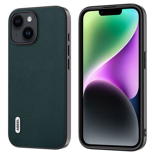 ABEEL For iPhone 14 Genuine Cow Leather+PC+TPU Cover Litchi Texture Shockproof Case - Midnight Green