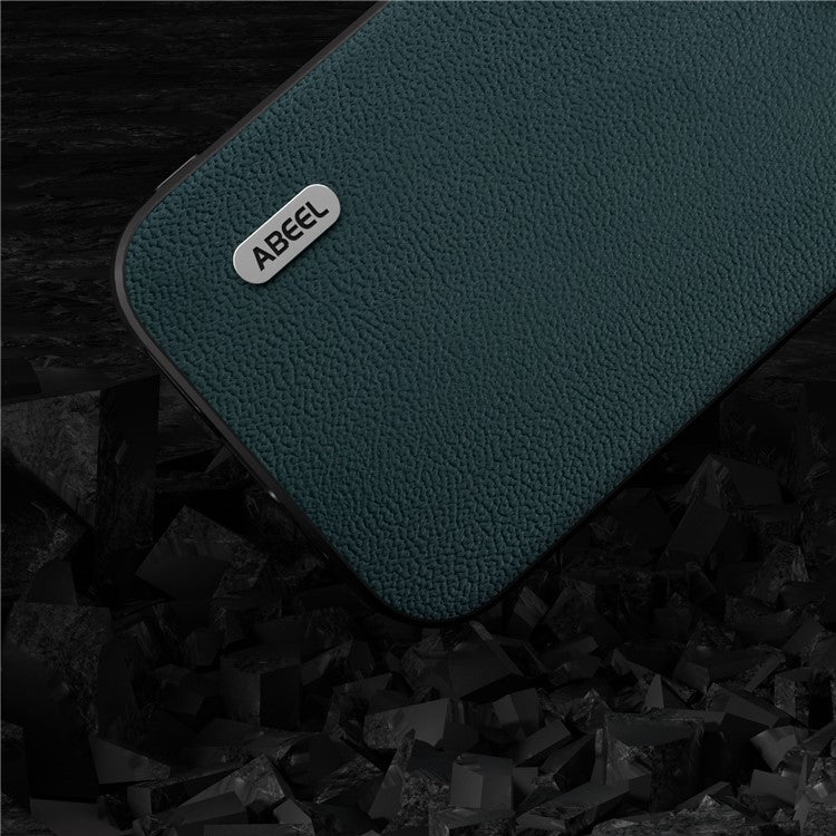 ABEEL For iPhone 14 Genuine Cow Leather+PC+TPU Cover Litchi Texture Shockproof Case - Midnight Green