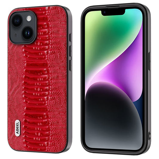 ABEEL For iPhone 14 Crocodile Texture Anti-fall Phone Case PC+TPU Genuine Cow Leather Coated Cover - Red
