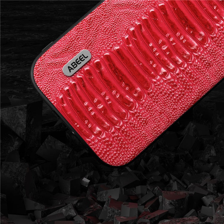 ABEEL For iPhone 14 Crocodile Texture Anti-fall Phone Case PC+TPU Genuine Cow Leather Coated Cover - Red
