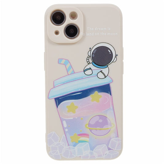 For iPhone 14 Plus Cartoon Astronaut Pattern Printing Soft TPU Cover Fall Proof Phone Case - White