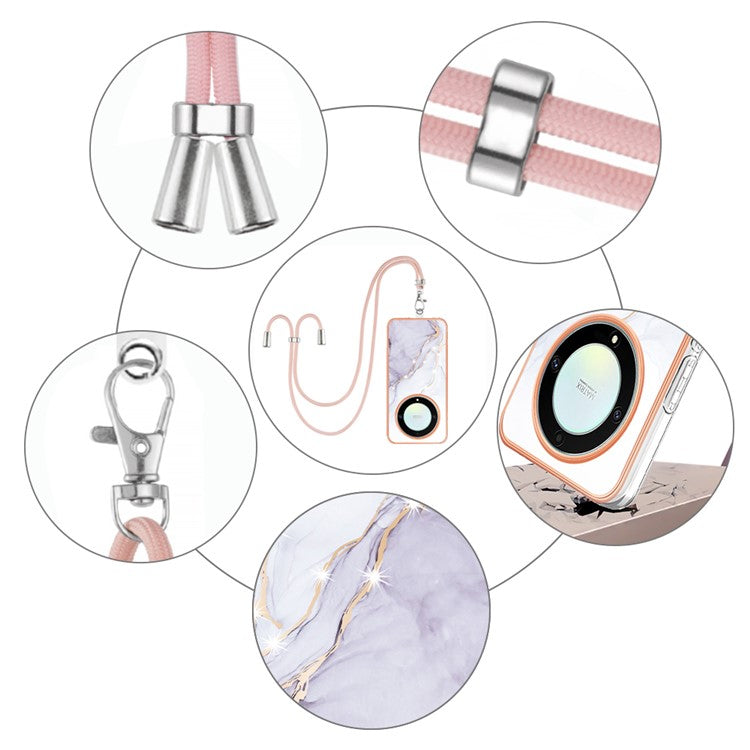 YB IMD Series-9 For Honor X40 5G / X9a 5G / Magic5 Lite 5G IMD Marble Pattern Phone Case Electroplating TPU Cover with Lanyard - White 006