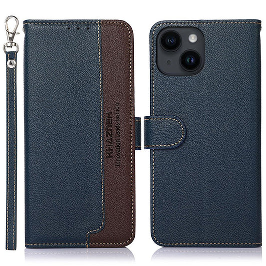 KHAZNEH For iPhone 14 Plus PU Leather Cell Phone Case Litchi Texture RFID Blocking Stand Wallet Cover - Blue