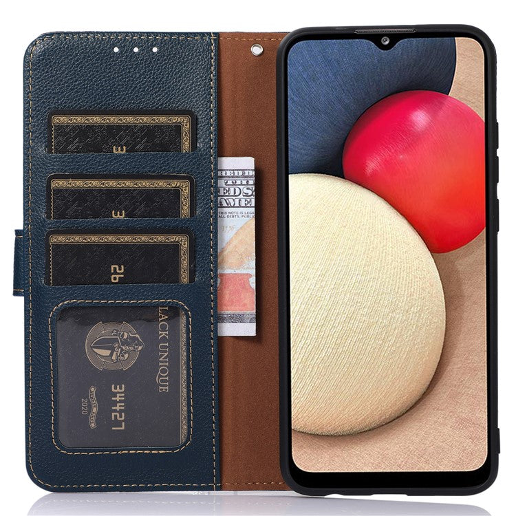 KHAZNEH For iPhone 14 Plus PU Leather Cell Phone Case Litchi Texture RFID Blocking Stand Wallet Cover - Blue